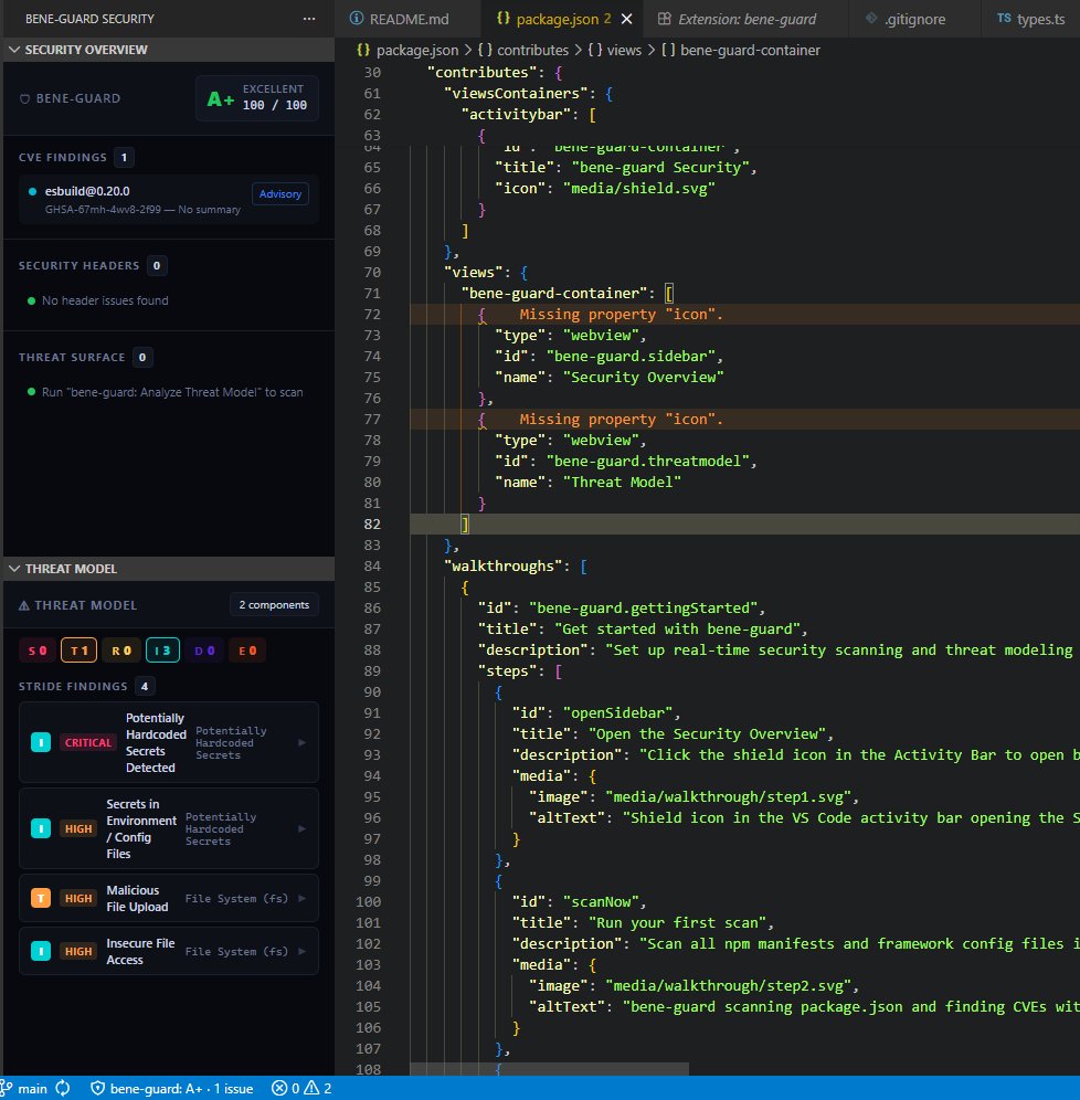 bene-guard running in VS Code showing security overview sidebar with A+ grade, CVE findings, and STRIDE threat analysis